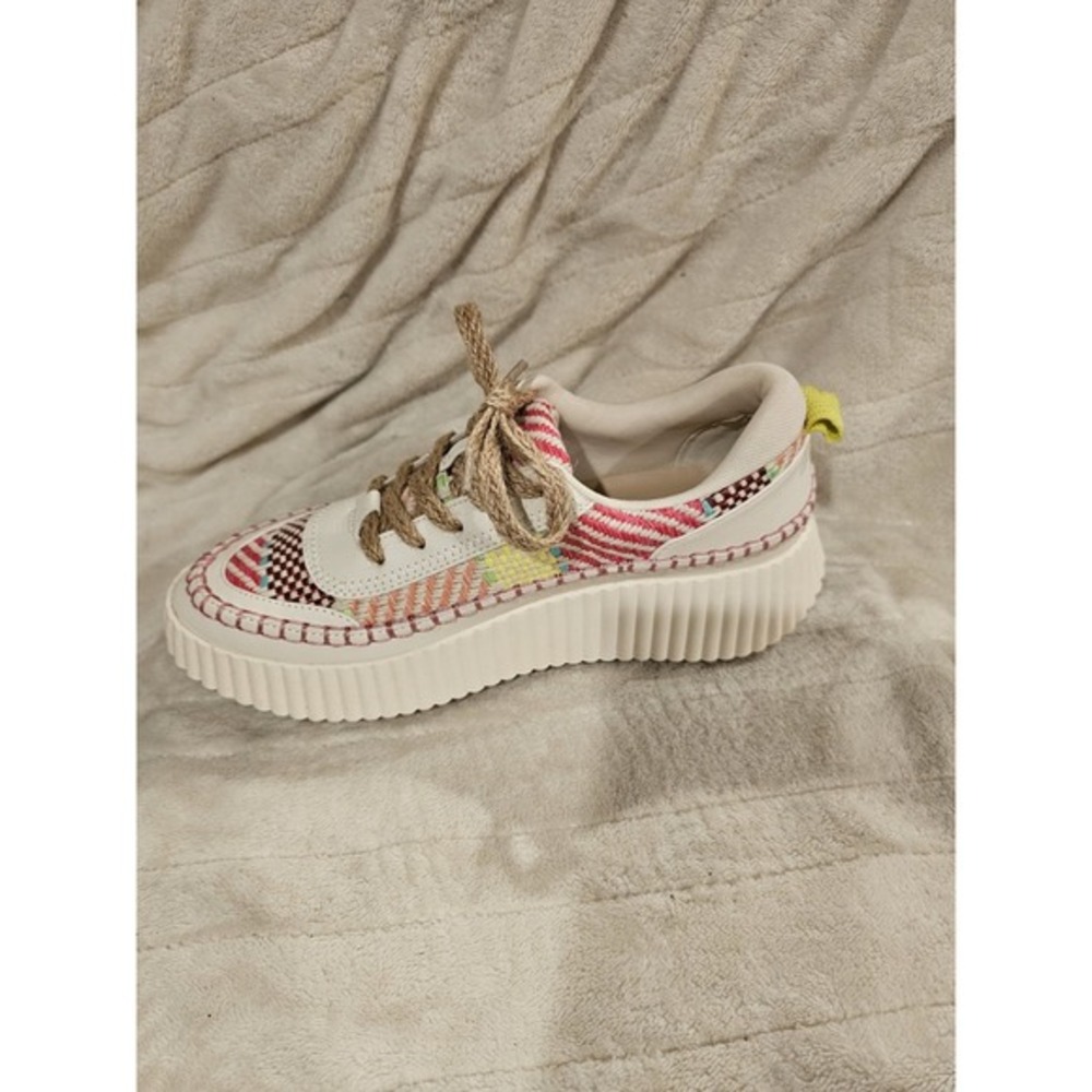 Dolce Vita Cream Multicolor Woven Platform Sneakers with Yellow Tab - Picture 4 of 11